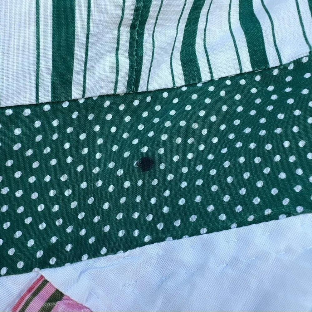 VTG Garden Block Quilt Floral Striped Reversible Hand Sewn Pink Green 82x84 FLAW